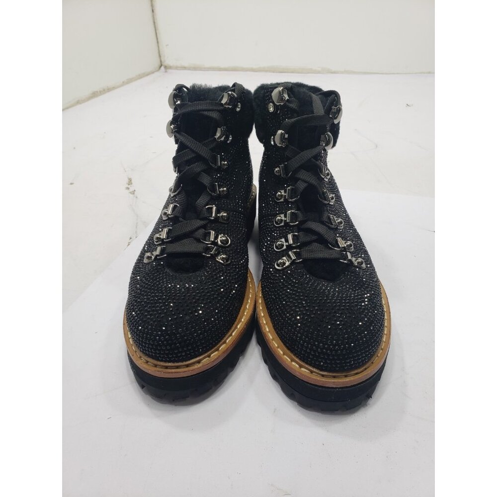 Lola Cruz Black Rhinestone Ankle Boots, Size 36 Or 5.5 Lace Up Chunky